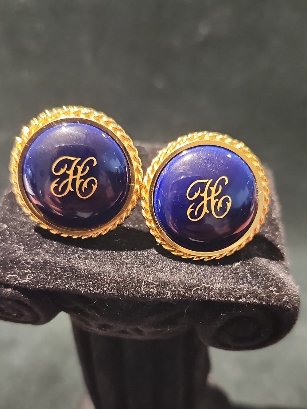 Vintage Okura Navy Blue Porcelain Cufflinks – Gold "H" Monogram with Twisted Rop